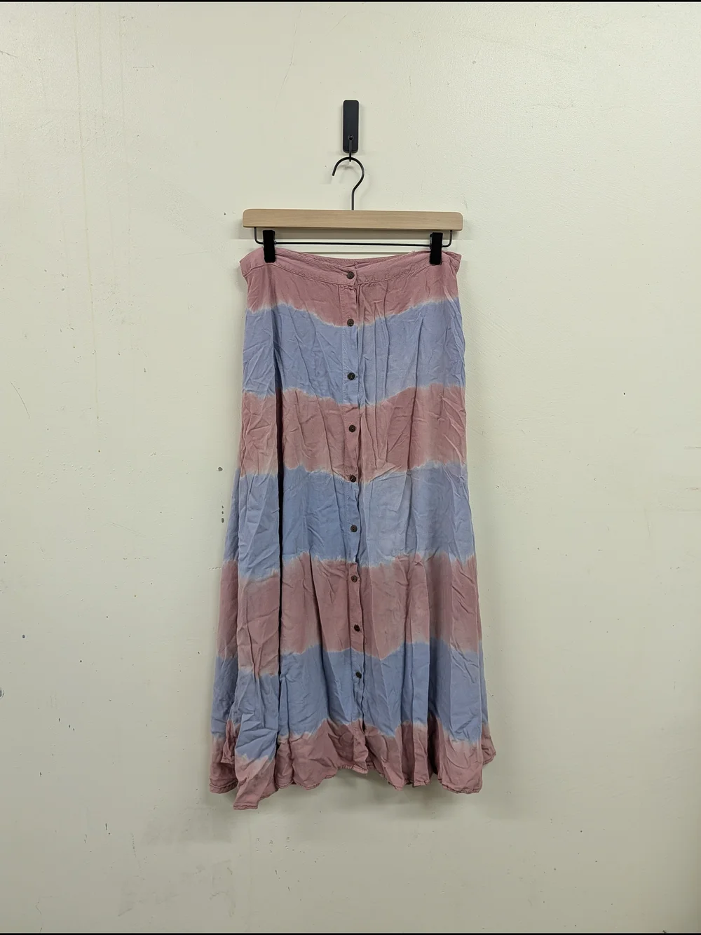 RAGA Striped Button-Front Rayon Maxi Skirt in Pink and Light Blue Tie Dye Small